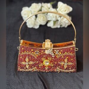 Gorgeous vintage 90s red and gold clutch bag with beaded and sequin details.